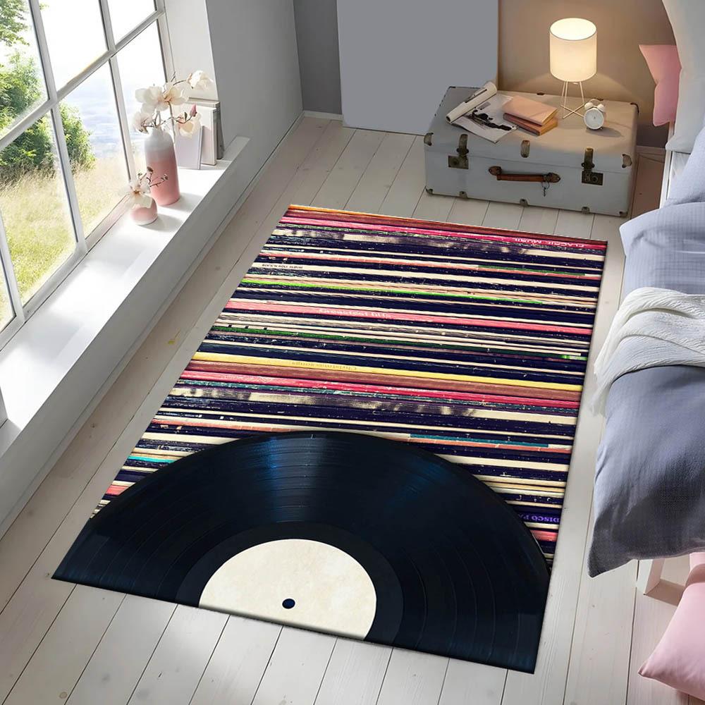 [Durable Polyester Rug] Large Polyester Non-Slip Area Rug with Vinyl Record Design | Durable Crystal Velvet Carpet Mat for Livin