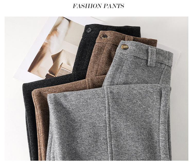 Women's Gray Wool Tweed Wide-Leg Cropped Pants with Velvet Lining - Autumn/Winter New Style