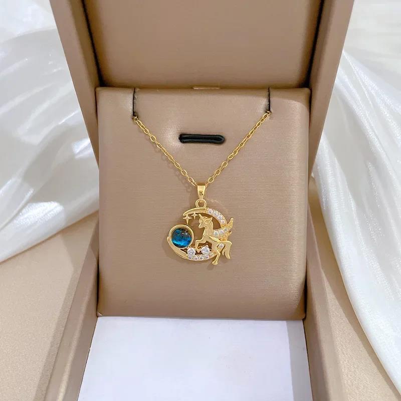 Planet Saturn Titanium Steel Chain Necklace Women's Light Luxury Transparent Crystal Sweet Cool Clavicle Neck Chain Jewelry