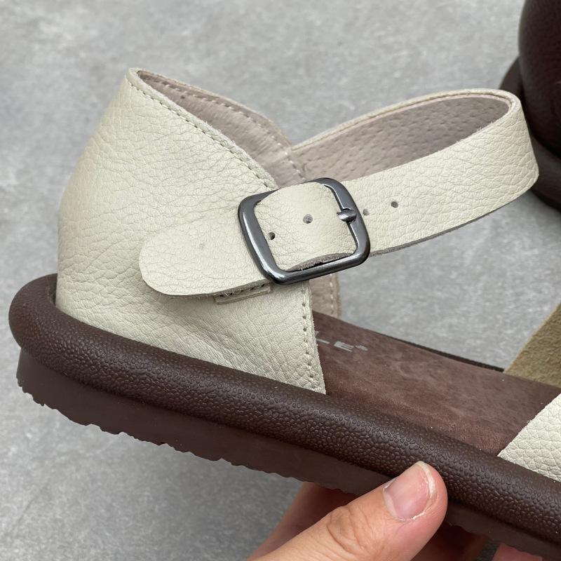 Johnature Soft Cowhide Woven Round Toe Flat Sandals Soft Sole Comfortable Genuine Leather Women's Shoes