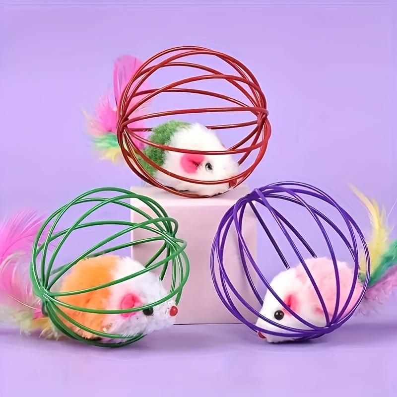 Interactive Plush Mouse In Wire Cage Cat Toy With Feather Tail 3pcs Random color