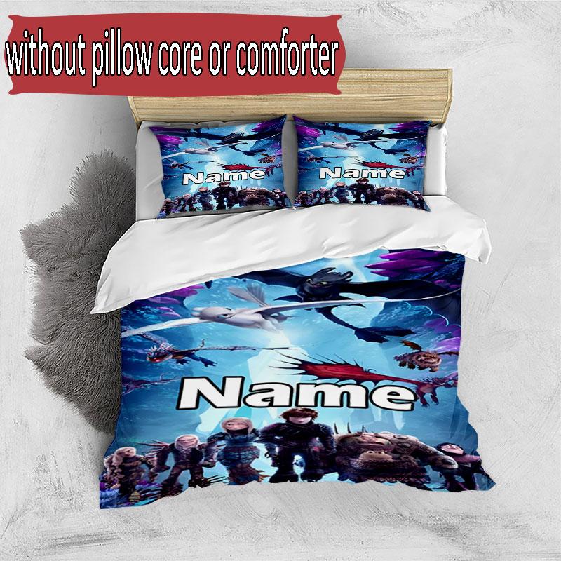 3pcs Duvet Cover Set (1*Duvet Cover + 2*Pillowcase, Without Core), Custom Name How to Train Your Dragon Pattern Bedding Set, Home Bedroom Decor Gift