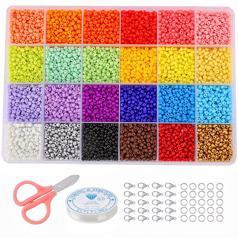 24-Compartment Boxed Glass Beads Set, Solid Color Loose Beads for DIY Jewelry Accessories