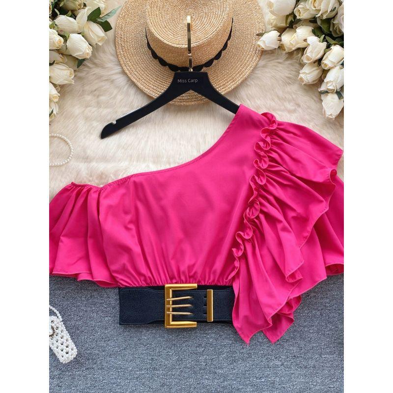 2024 European Shirt Best Selling Stylish One-Shoulder Cold-Shoulder Sweet Fungus Ruffle Sleeve Short Shirt Women's Blouse