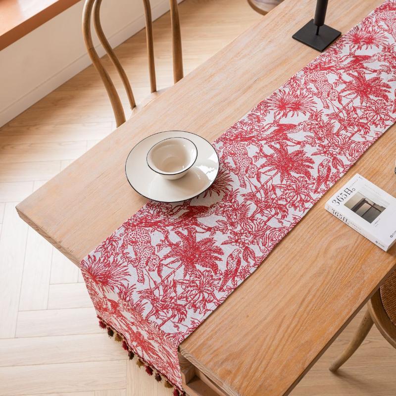 Șervețel de masă cu ciucuri de cocos roșu, material Jacquard cu plante, decorațiuni pentru masa de bucătărie, pentru petreceri de acasă, festivaluri