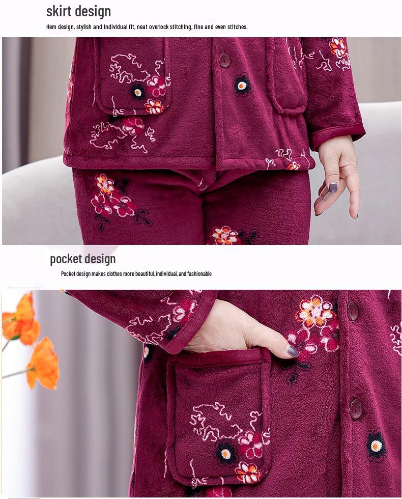 Women's Winter Warm Flannel Pajamas Set for Middle-Aged and Elderly - Cozy Granny Home Wear for Autumn and Winter
