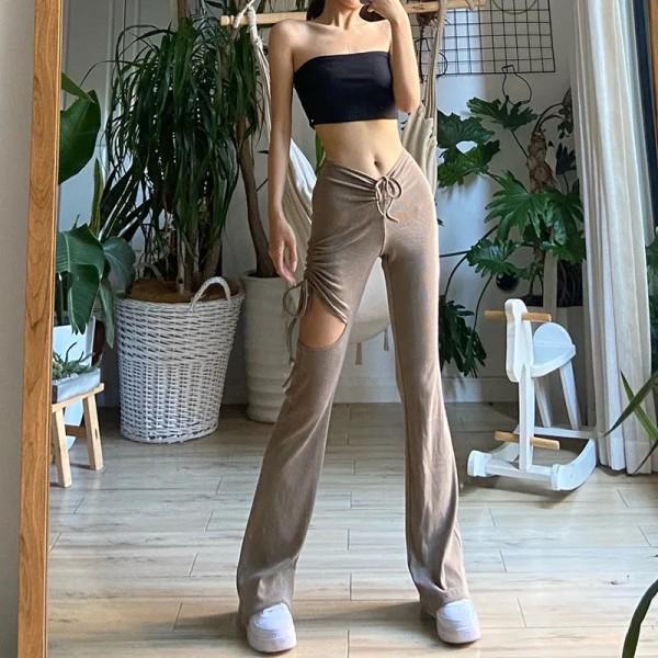 Women's Gray Ripped Micro Flare Drawstring Pants - Trendy, Versatile Summer Niche Casual Wear