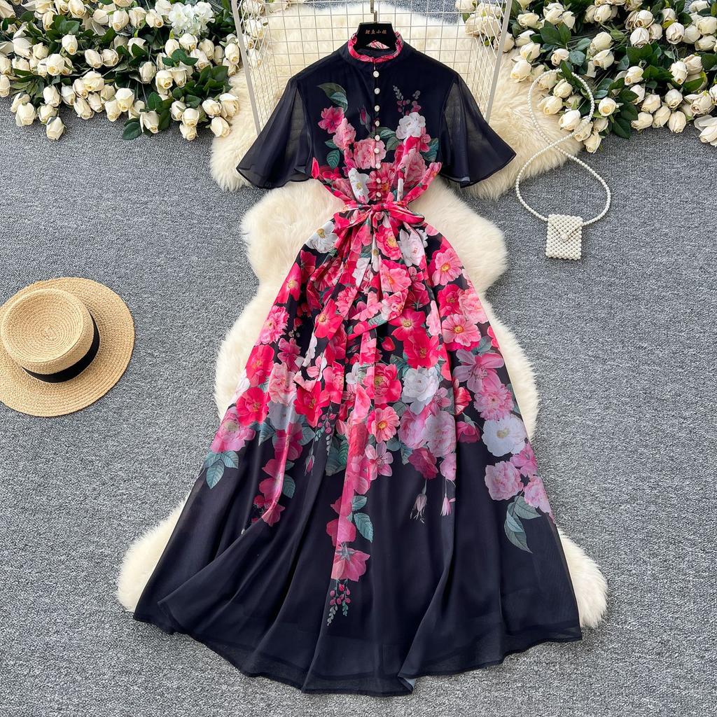 New holiday style dress women's French pearl breasted waist and thin temperament printed chiffon dress