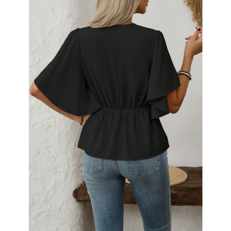 Women S V Neck Solid Color Single Breasted Waist Short Sleeve Blouse