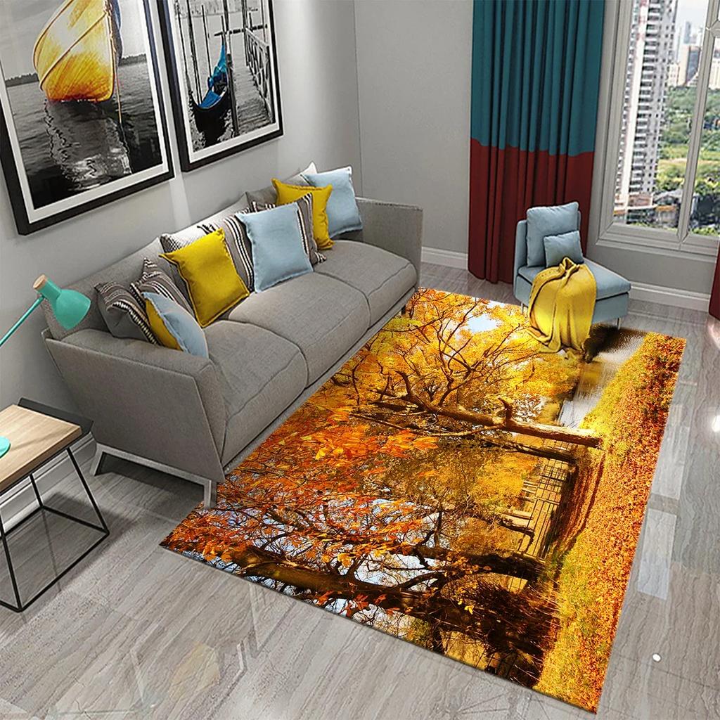 3D Autumn Yellow Maple Leaves Carpet Modern Kitchen Bathroom Anti-Slip Entrance Doormat Bedroom Living Room Balcony Floor Carpet