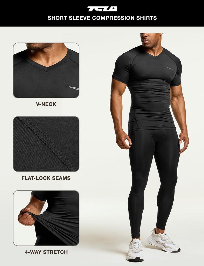 Tesla Compression Short Sleeve Sports UV Compression Base Compression JPB Men's Wear, Undershirt, V-Neck, Protection, Sweat-Wicking, Quick-Drying,