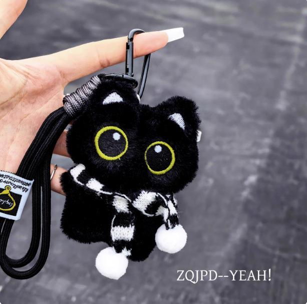 Upgraded Hook Squeaky Black Cat Bag Charm: Cute Plush Backpack Keyring