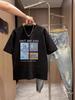 Mens  Pure Cotton Tee Minimal Square Panel Surfer Character Cursive Slogan Graphic Loose Streetwear Short Sleeve Shirts