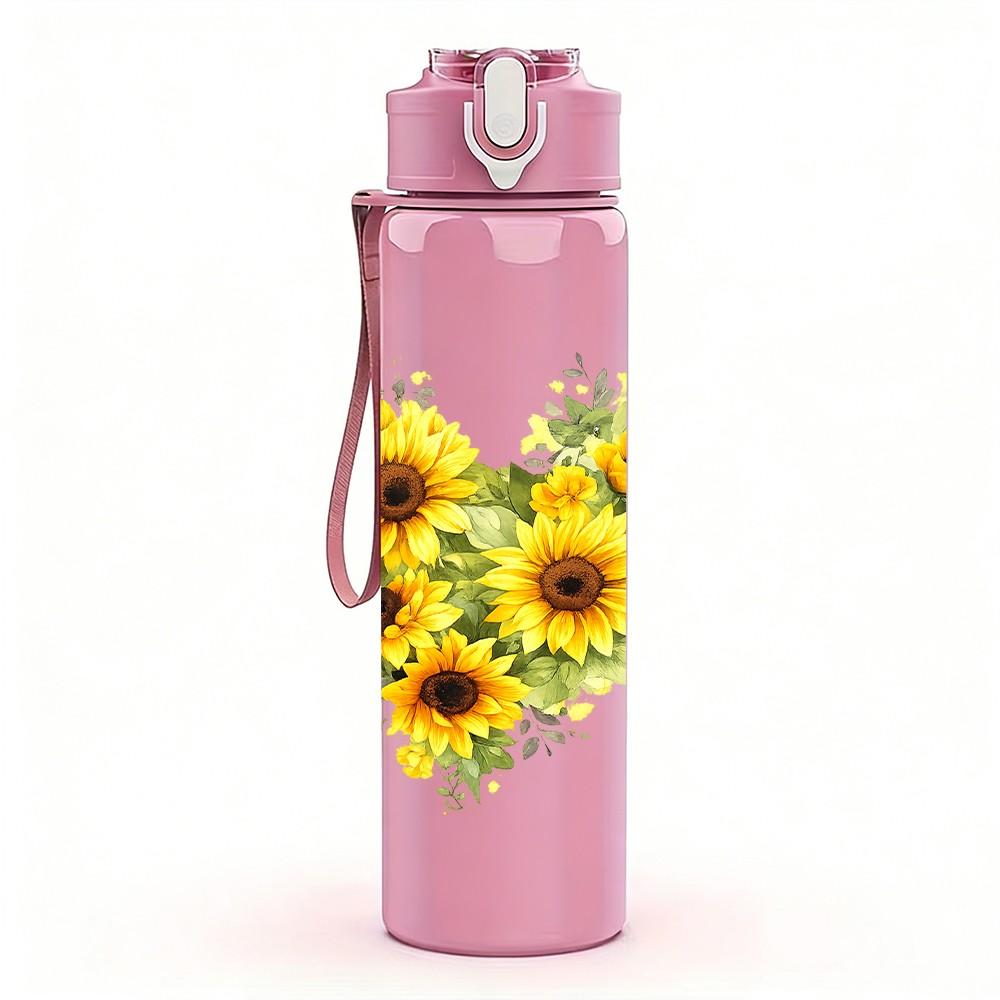 1PC Sunflower Yellow Flower Heart Print 750ml Color Plastic Sports Water Bottle Leakproof Flip Straw Lid Suitable for Sports Office Home Use