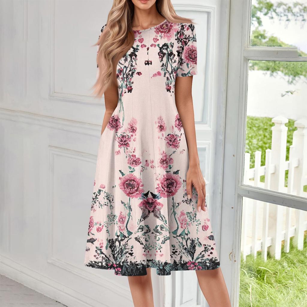 Women's Casual Fashion Round Neck Short Sleeve Print Midi Dress