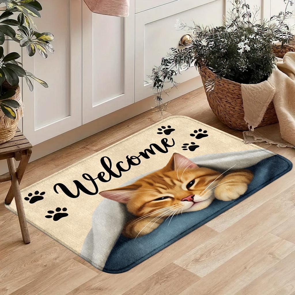 Flannel Cat Welcome Floor Mat, Non-slip Absorbent Floor Mat At The Entrance, Dirt-resistant Carpet At The Entrance of The Home