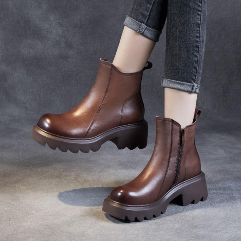 Johnature Thick Soled Genuine Leather Women's Boots British Style Round Toe Thick Heel Short Boots