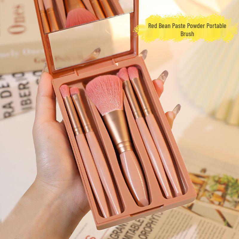 Kompletní Super Měkká Sada Štětců na Make-up na Vlasy se Zrcátkem: Přenosné štětce na sypký pudr a oční stíny v krabičce