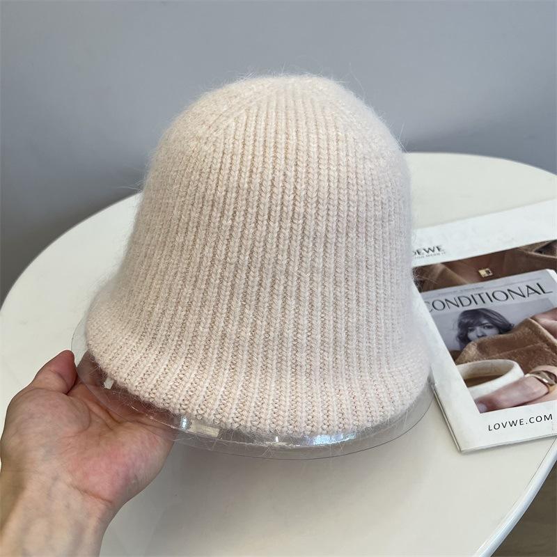 Rabbit hair blended wool knitted vertical striped bucket hat women's autumn and winter warm solid color literary fisherman hat