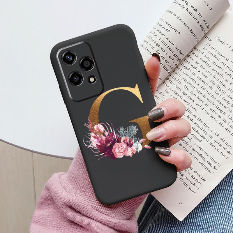 Gold Letter Case For Honor 200 Pro Lite Smart Black Shell Soft Cover For Honor 200Lite Protector Shockproof Funda Pink Flower