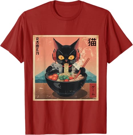 Cute Kawaii Gamer Cat Funny RaUnisex Retro Japanese Cat Gaming TShirt Y2k Kitty Controller Cartoon Graphic Tees Kitten Eat Noodles
