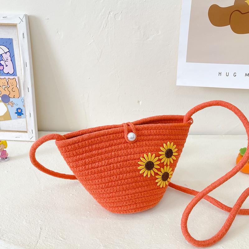 Cute And Modern Children's Woven Tote Bag With Floral Design For Summer Outings