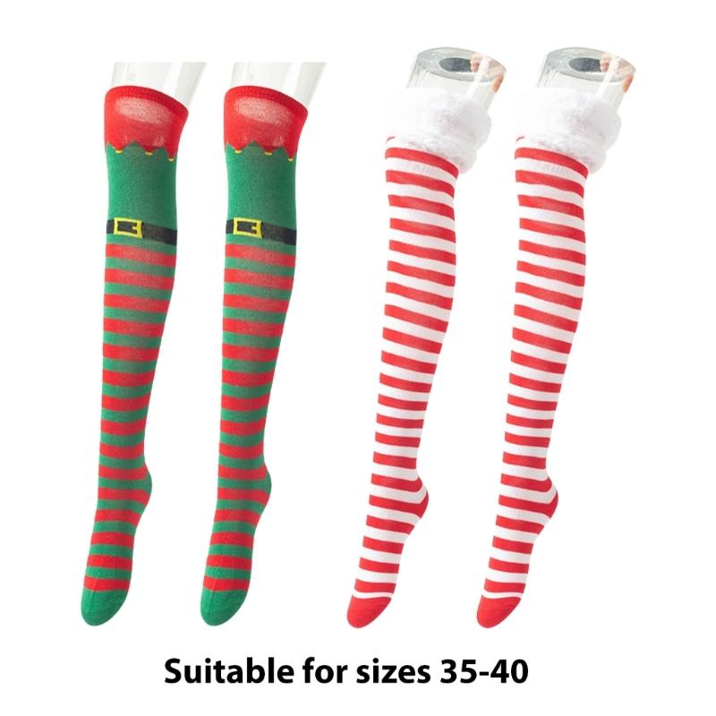 Festival Weihnachtselfen Stiefel Gestreifte Oberschenkelhohe Strümpfe für Damen Feiertags-Cosplay-Kostüm Über das Knie Lange Socken