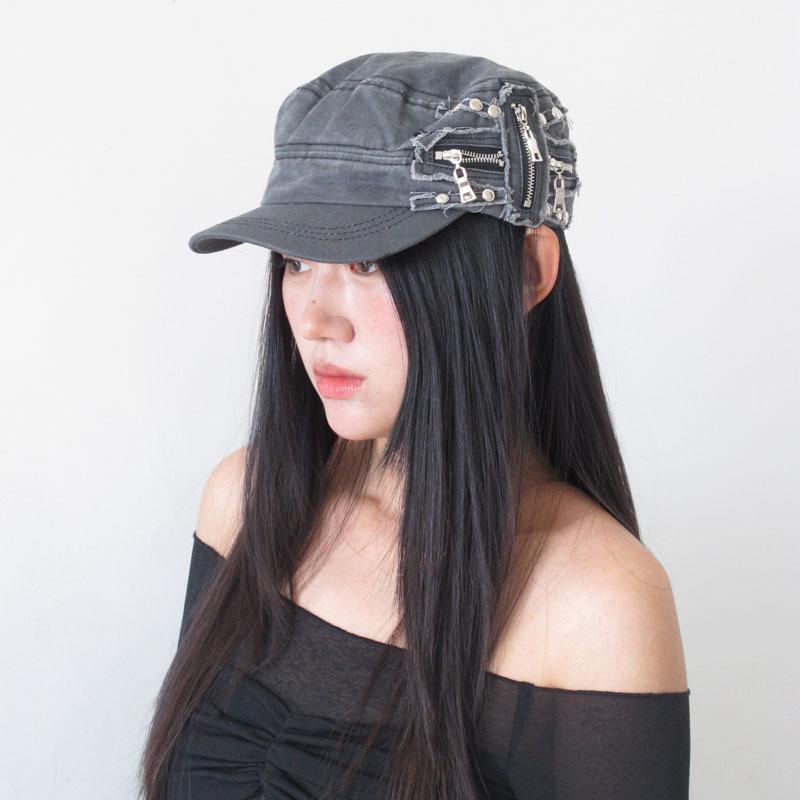 

Бейсболка в стиле постапокалипсиса из плотного выстиранного хлопка с плоским верхом и боковой молнией - Женская модная бейсболка One Size (56-58cm)