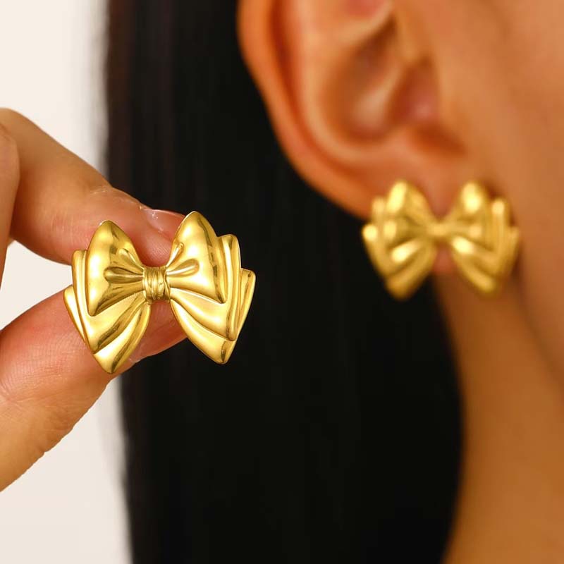 Stainless Steel Bowknot Hoop Huggie Earrings For Women Fashion Gold Color Hollow Bow Tie Drop Earrings Waterproof Jewelry Gifts