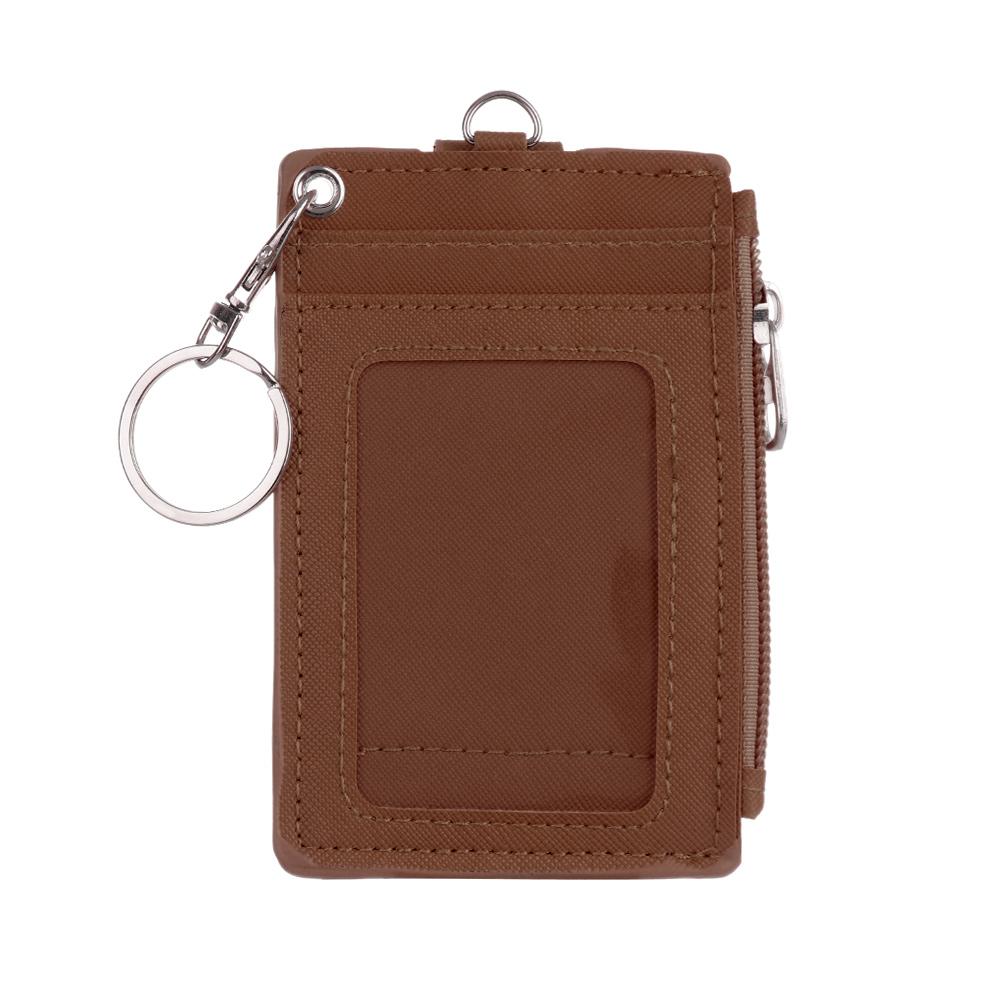 Portable Solid Color Card Holder Leather Business ID Card Credit Badge Holder Coin Purse Wallet with Keychain