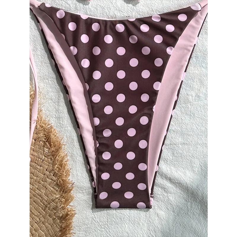 Vintage Brown Pink Polka Dot Bikini Set Women 2026 Summer Tie Side High Cut Swimsuit Two Piece Bathing Suit