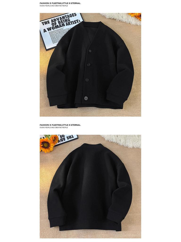 Men's Retro Waffle Knit V-Neck Cardigan Hoodie – Spring/Autumn Heavyweight Loose Casual Jacket.