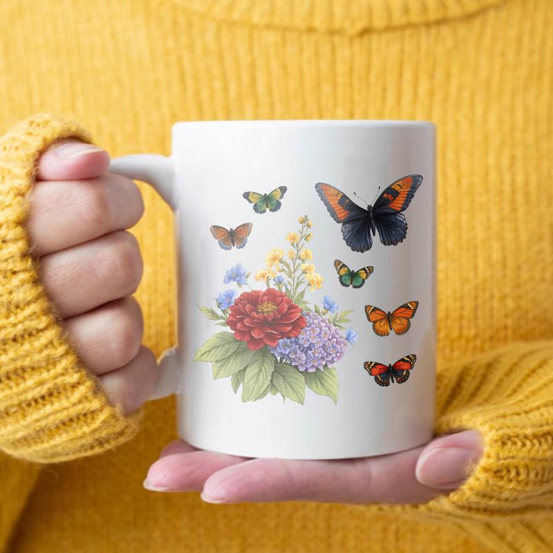Butterfly and flower ceramic mug, white nature inspired design, colorful butterflies and blooming flowers, perfect for coffee, t белый