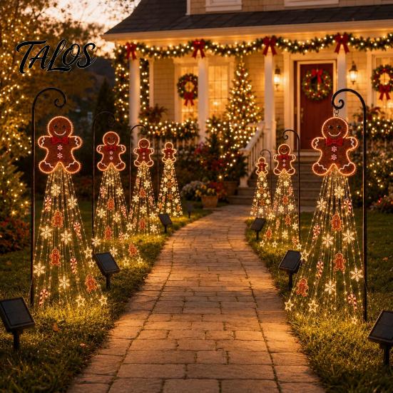 Outdoor Gingerbread Man Lights Solar Garden Light, Waterproof Yard Light with Warm Christmas Stakes Waterfall LED, Pathway Stake Lamp for Lawn