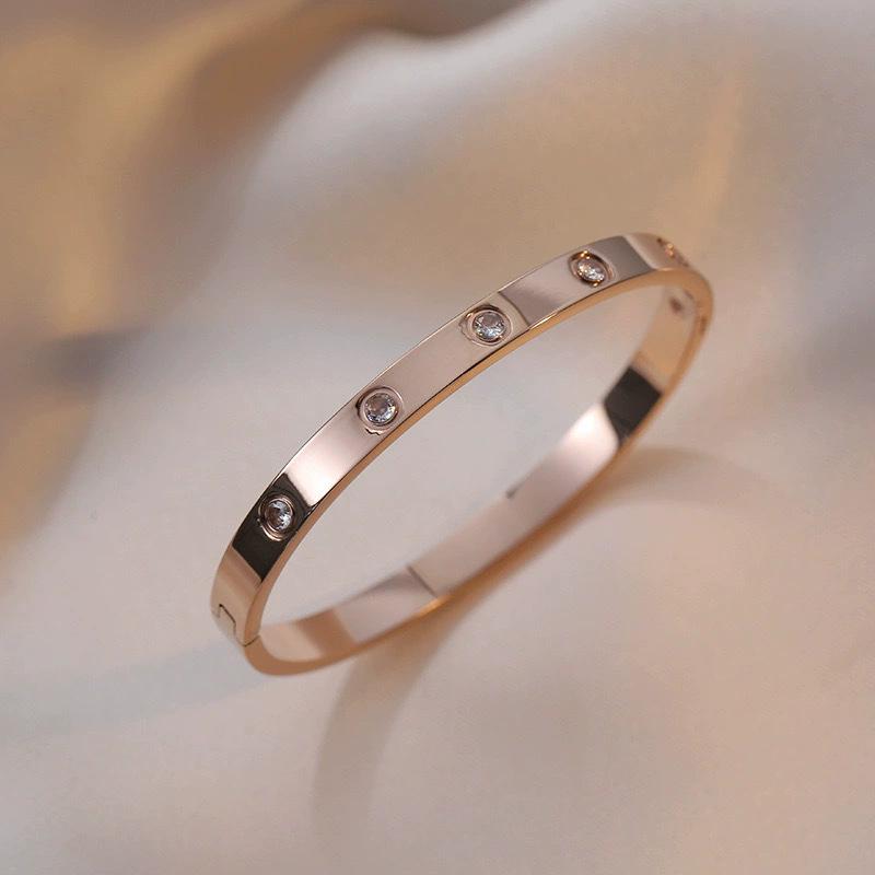 European & American Titanium Steel Hollow Electroplated Bangle with Diamonds - Versatile Stainless Steel Women's Fashion Jewelry