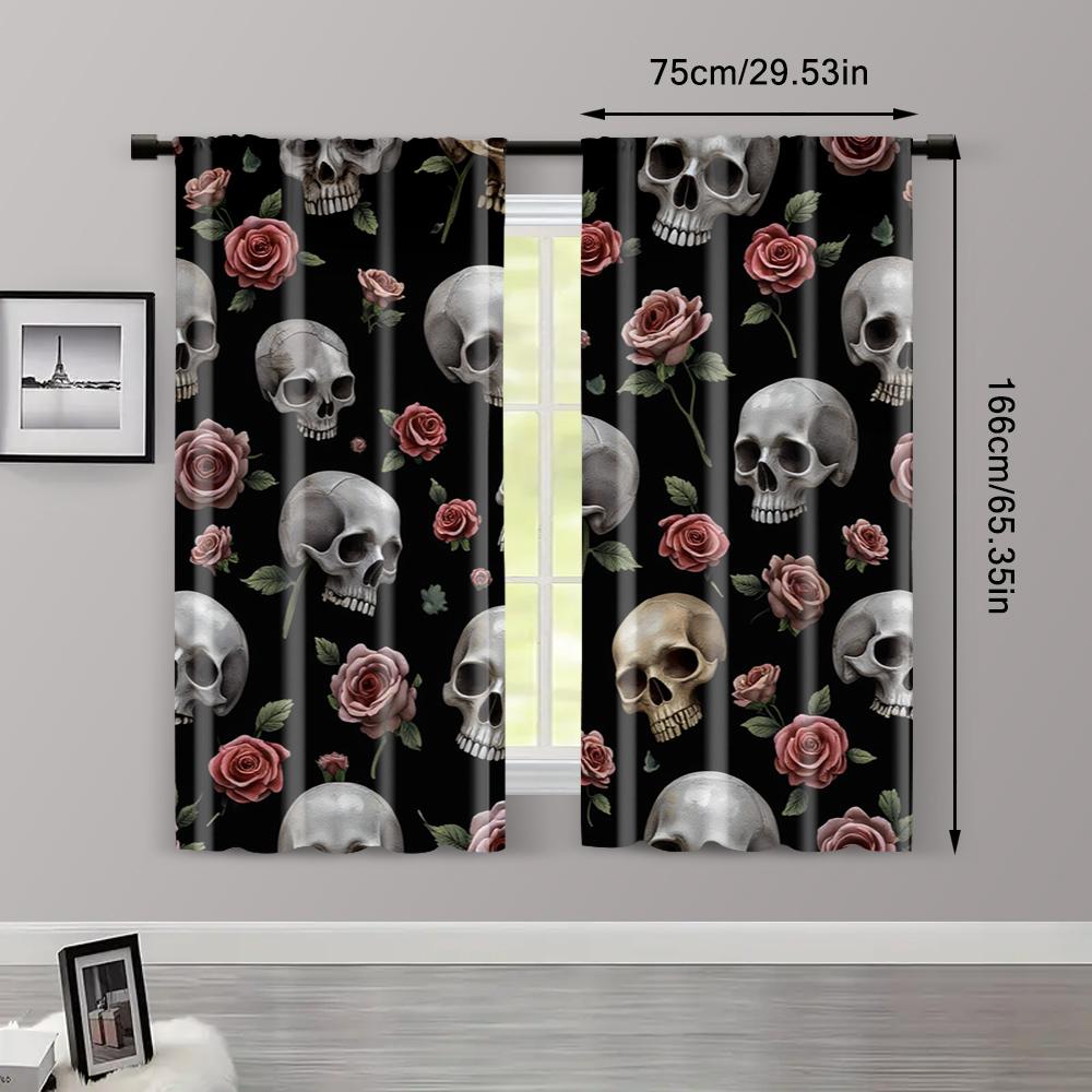 2pcs, Creative Curtains Grey Skull & Floral Peel Versatile 100% Polyester (without Rod) Stuff Clearance Ldeal for Bedroom,