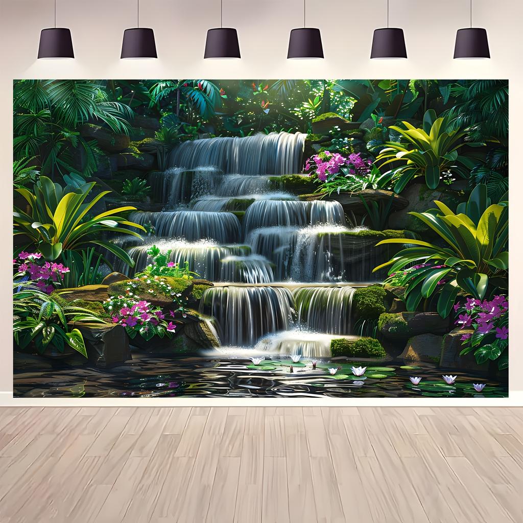 Photographic Polyester Waterfall Garden Backdrop Green Forest Natural Landscape Wall Decoration Multi-functional