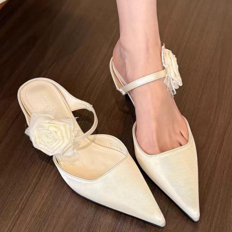 Fashion Elegant Flower Women Slippers Pointed Toe Shallow Sexy Mid Heels Shoes Fashion Pumps 2025 Trend Spring Dress Mujer De Zapatillas