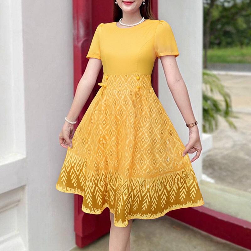 ZANZEA Women Summer Casual Round Neck Short Sleeve Patchwork Print Dres