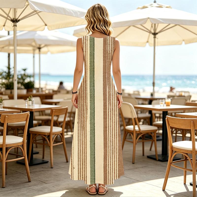 Sleeveless Bohemian Maxi Dress,Simple Striped Lightweight Loose Fit Full Skirt Flattering for Beach Vacation,Casual Travel & Daily Wear