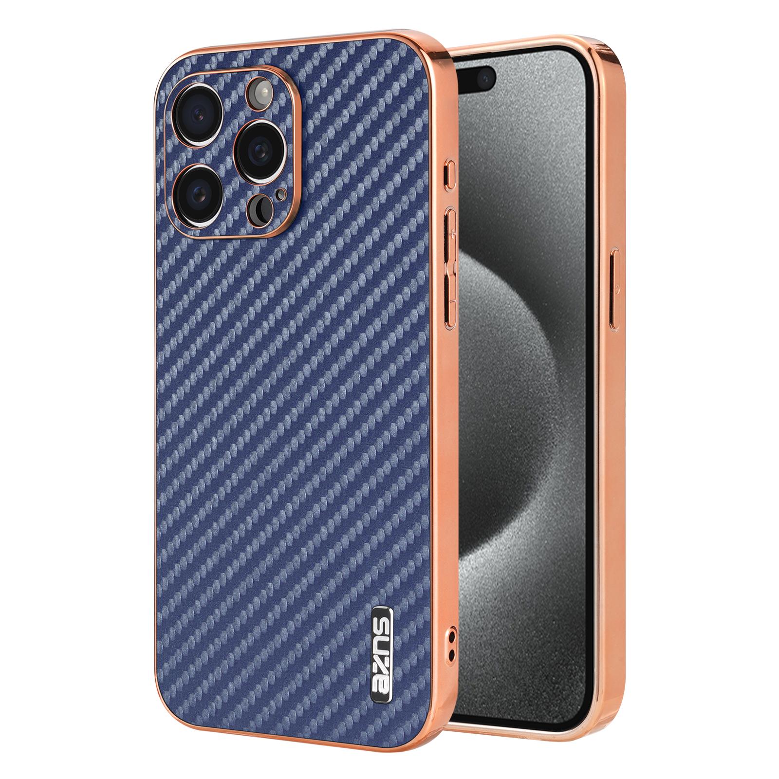 

AZNS For iPhone 15 Pro Case Electroplating Carbon Fiber Texture PU+TPU Phone Cover Blue