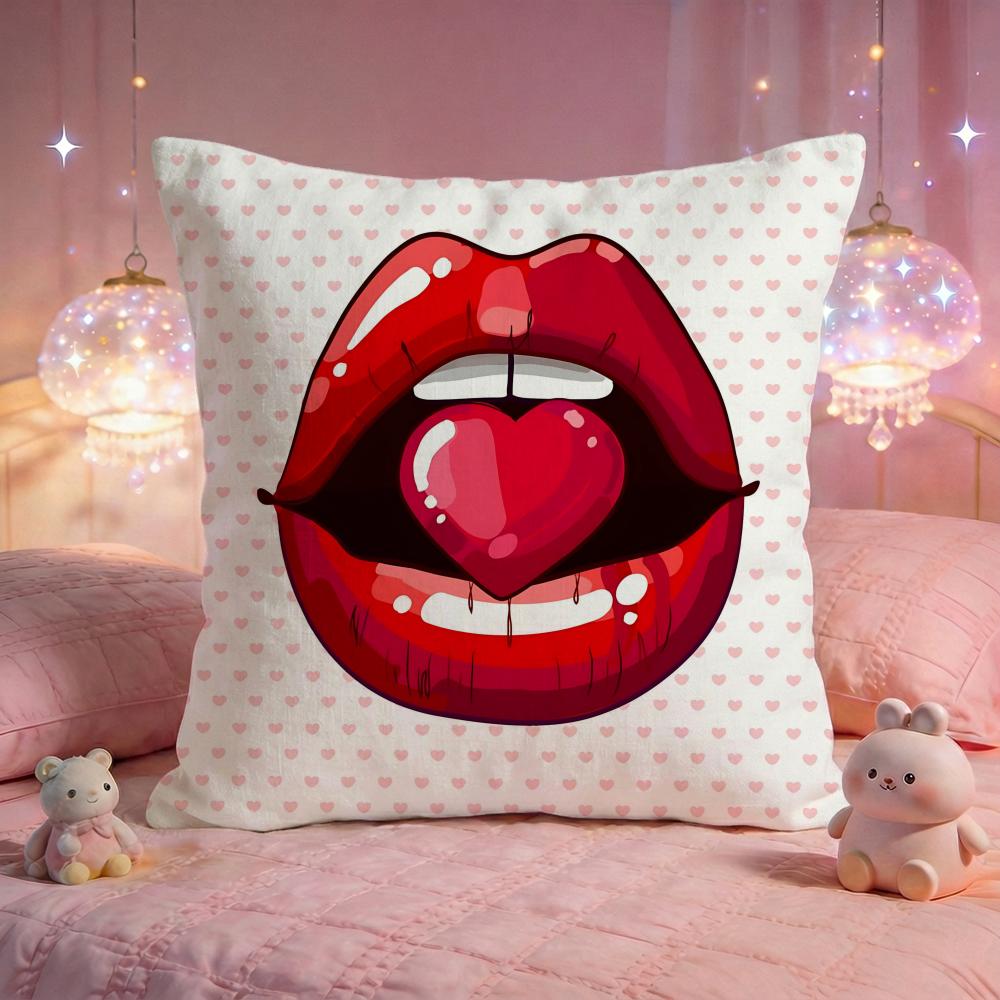 Glossy Red Lips Art Cushion Cover Premium Comfort Reversible Pillow Cove Two In One Design for Any Room  Car Interior