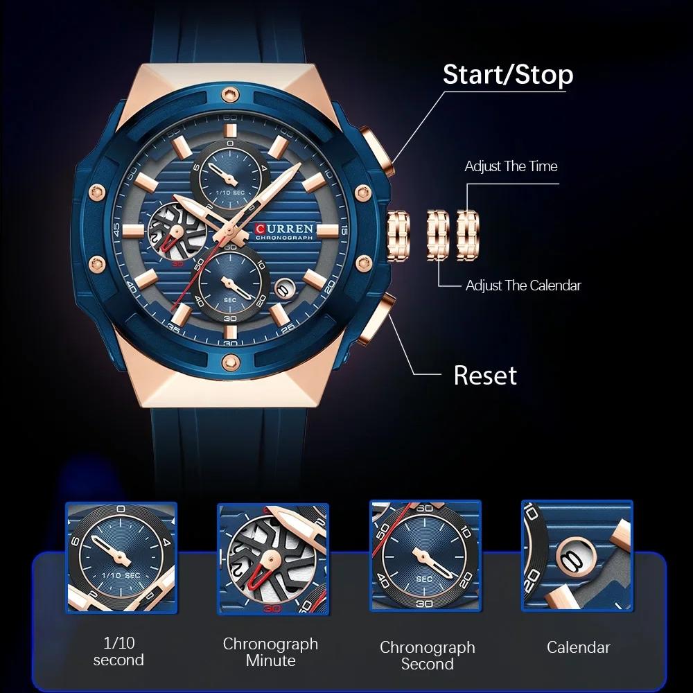 CURREN Fashionable Sports Multifunctional Chronograph Quartz Watch with Silicone Strap Creative Design Dial Luminous Hands