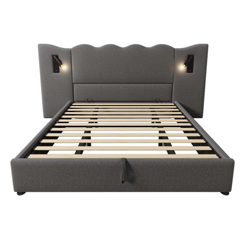 Upholstered Double Bed 180×200, Reading Lamp, USB Type-C Charging, Storage Bed Frame with Solid Wood and Metal Slats, Grey, Linen (Without Mattress)