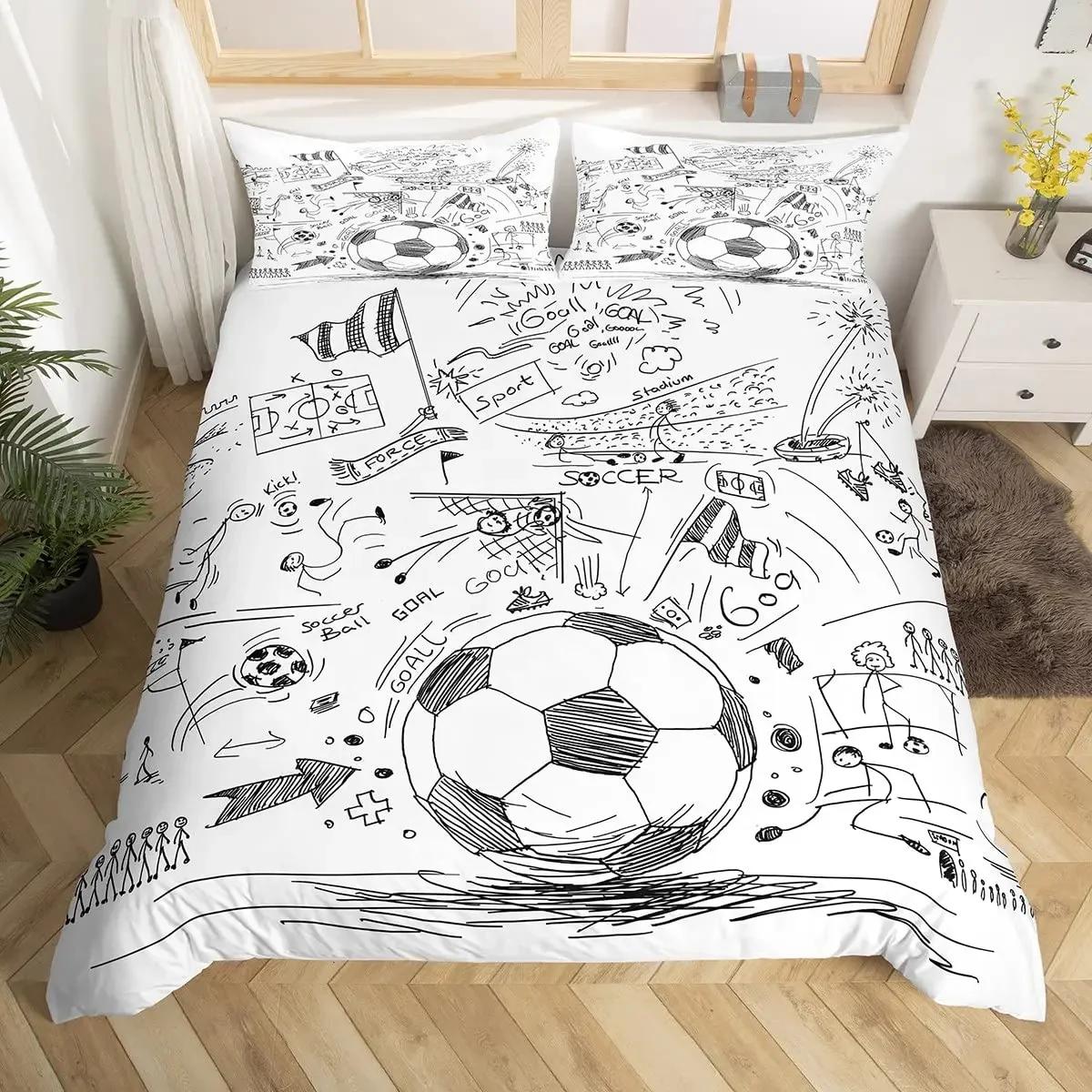 

Comfortable SkinFriendly Twin Comforter Football Hand Drawn Sketch Soccer Sports for Boys Teens Men Comforter (quilt)-EU Single(135*200cm)3pcs