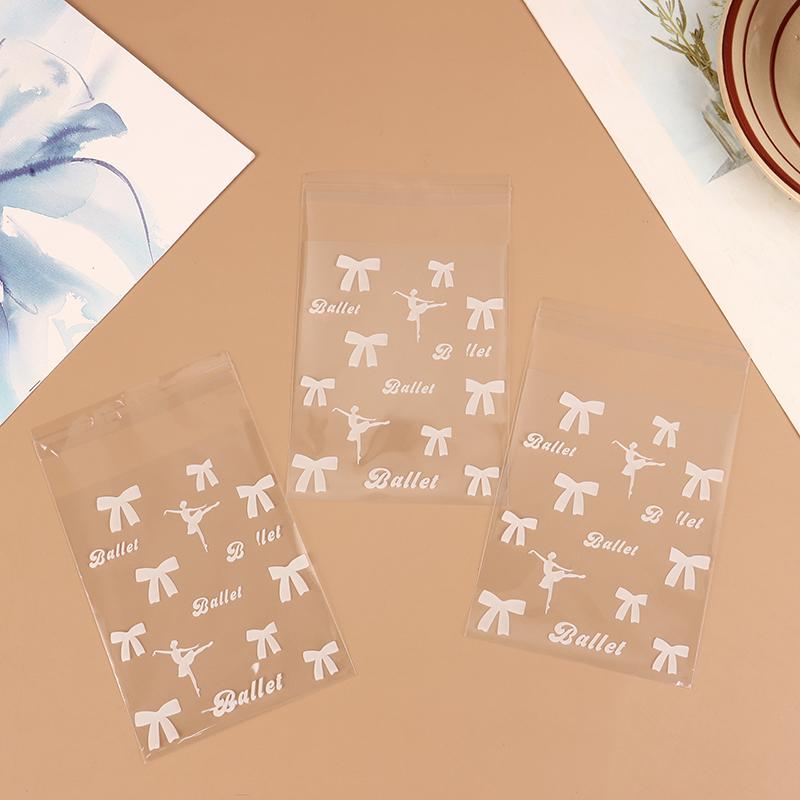 50Pcs White Ballet Biscuit Opp Self-Adhesive Bag Bowknot Candy Chocolates Dessert Self Sealing Bag Gift Bag Card Storage Bag