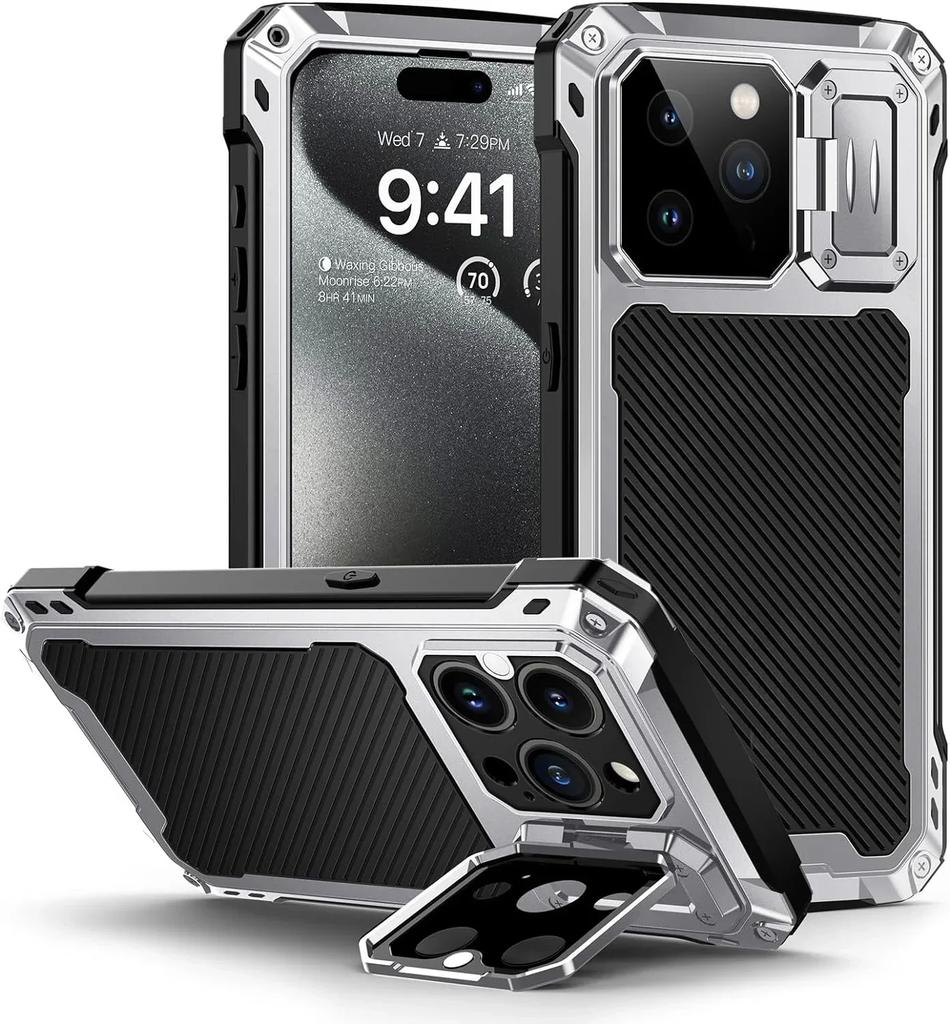 For iPhone 16 15 Plus 14 Pro Max Aluminum Metal Shockproof Magnetic Case Heavy Duty Armor Cover With Screen Protector Lens Stand