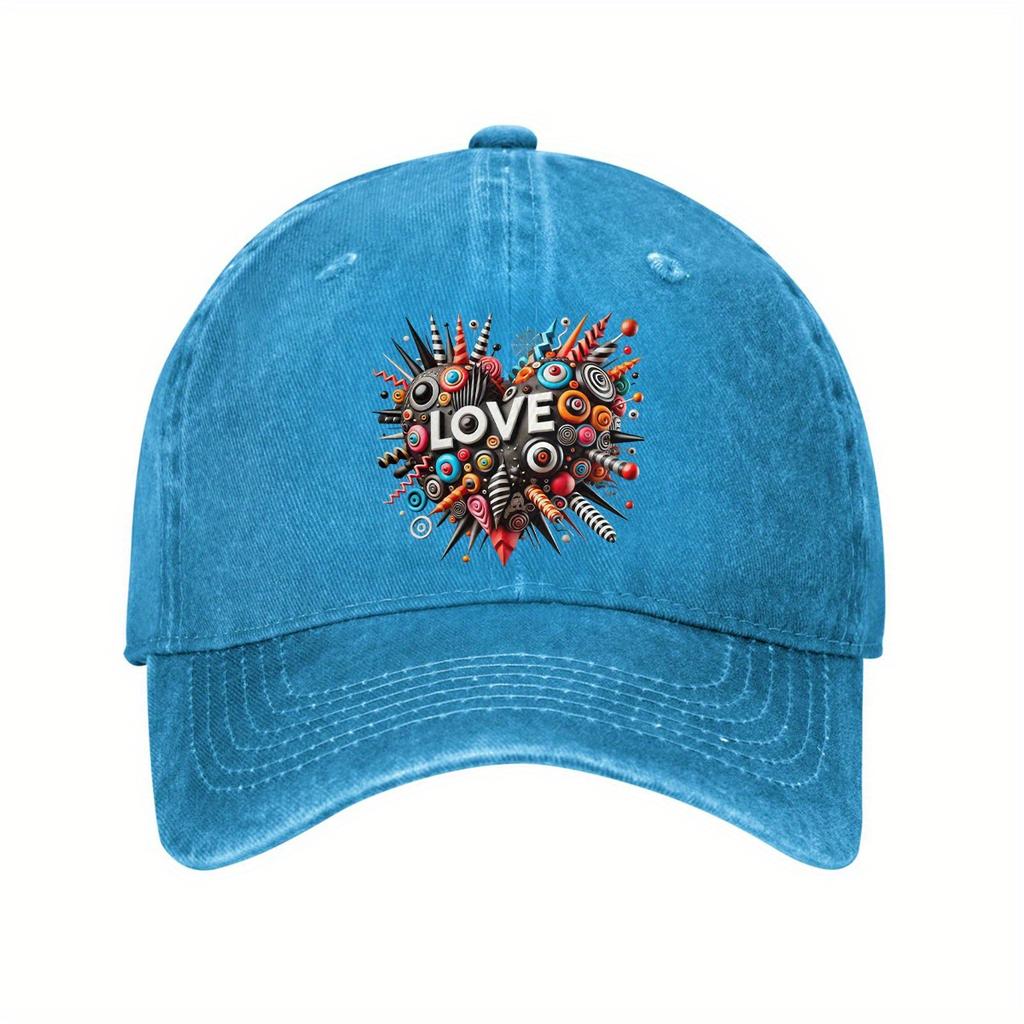 Abstract Love Heart Graphic Print Denim Baseball Cap Casual Adjustable Unisex Cotton Hat for Outdoor Sports