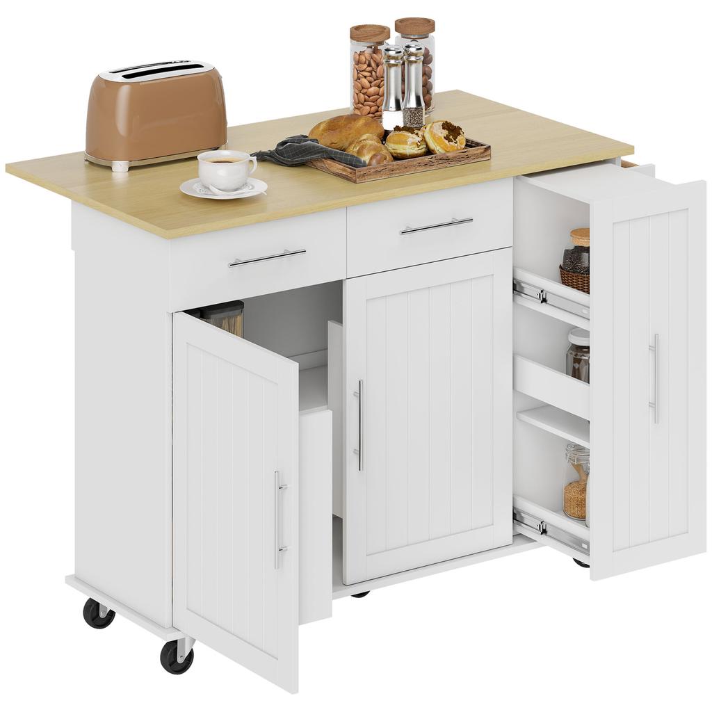 Kitchen Island, Fold-Down Countertop, Casters, 2 Drawers, Soft-Close Doors, Towel Rack, White