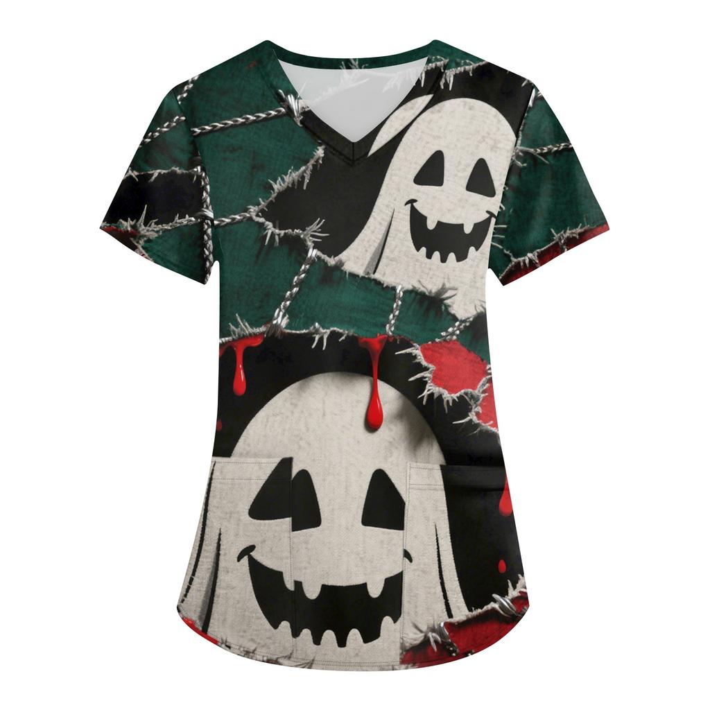 Women's Printing Uniform Work Uniform V-neck Pockets Basic Short Sleeve Pullover Top